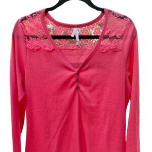 Colt Story Women's Long Sleeve V Neck Pink Buttons Lace Details T-Shirt PLUS 2XL